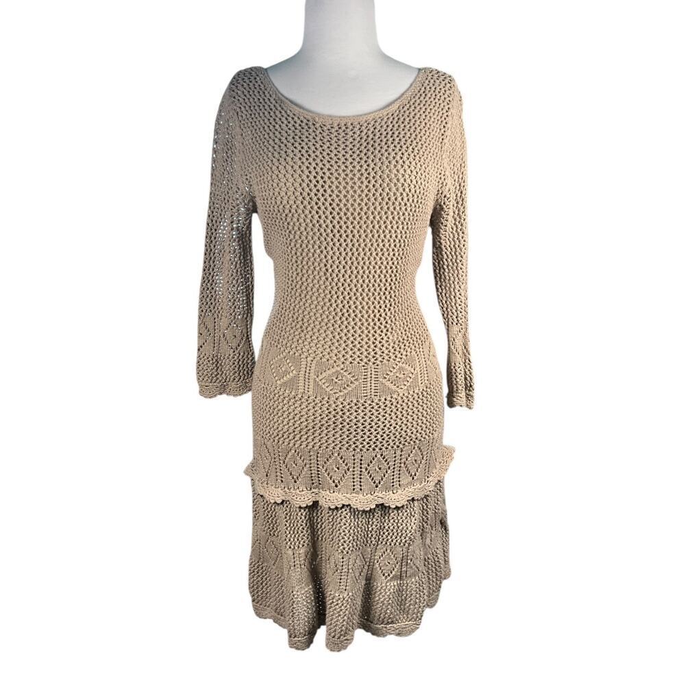 Quiet Luxury Crochet Knit Dress Neutral Old Money Resort Classic L Midi Low Back